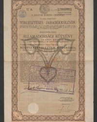 Mit 4 1/2 % verzinsliche Amortisable Rentenanleihe. Ausgegeben auf Grund des § 2 des Gesetzartikels IV vom Jahre 1910, des § 11 des Gesetzartikels XIV vom Jahre 1911, des § 11 des Gesetzartikels V vom Jahre 1912, des § 11 des Gesetzartikels LXVI vom Jahre 1912 und des § 10 des Gesetzartikels 1 vom Jahre 1914. Staatsschuldverschreibung auf den Inhaber über 480 Kronen, Litt. A, Nr. 004.000