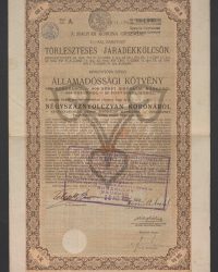 Mit 4 1/2 % verzinsliche Amortisable Rentenanleihe. Ausgegeben auf Grund des § 2 des Gesetzartikels IV vom Jahre 1910, des § 11 des Gesetzartikels XIV vom Jahre 1911, des § 11 des Gesetzartikels V vom Jahre 1912, des § 11 des Gesetzartikels LXVI vom Jahre 1912 und des § 10 des Gesetzartikels 1 vom Jahre 1914. Staatsschuldverschreibung auf den Inhaber über 480 Kronen, Litt. A, Nr. 004.000