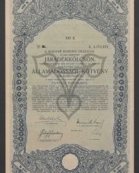 Mit 6 % verzinsliche Rentenanleihe. Ausgegeben auf Grund des § 17 des Gesetzartikels LXIII vom Jahre 1912. Staatsschuldverschreibung auf den Inhaber über 100 Kronen, Litt. B, Nr. 1.771.971