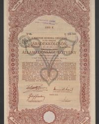 Mit 6 % verzinsliche Rentenanleihe. Ausgegeben auf Grund des § 17 des Gesetzartikels LXIII vom Jahre 1912. Staatsschuldverschreibung auf den Inhaber über 1000 Kronen, Litt. C, Nr. 230.363