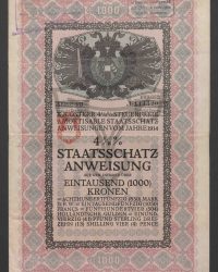 4 1/2 % Staatsschatzanweisung auf den Inhaber über eintausend (1.000) Kronen. K. K. Österr. 4 1/2 % Steuerfreie Amortisable Staatsschatzanweisungen vom Jahre 1914, Serie VII, No. 111.420