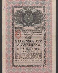 4 1/2 % Staatsschatzanweisung auf den Inhaber über eintausend (1.000) Kronen. K. K. Österr. 4 1/2 % Steuerfreie Amortisable Staatsschatzanweisungen vom Jahre 1914, Serie VII, No. 111.420
