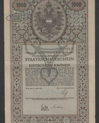Vierte Österreichische Kriegsanleihe. Fünfeinhalbprozentiger Staatsschatzschein über Eintausend Kronen, No. 289.975
