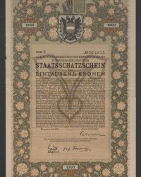 Achte Österreichische Kriegsanleihe. Fünfeinhalbprozentiger Staatsschatzschein über Eintausend Kronen, No. 077.875