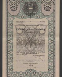 4 prozentige österr. Losanleihe 1920. Anleihdauer 60 Jahre, Staatschuldverschreibung über Eintausend Kronen, Serie 0.262, No. 007