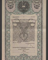 4 prozentige österr. Losanleihe 1920. Anleihdauer 60 Jahre, Staatschuldverschreibung über Eintausend Kronen, Serie 0.262, No. 007