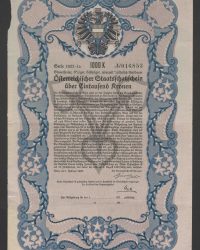 1000 K, Steuerfreie 6 %iger, 6jähriger, jederzeit 1/4jährlich kündbarer Österreichischer Staatsschatzschein über Eintausend Kronen, Serie 1922-Ia, No. 16.853