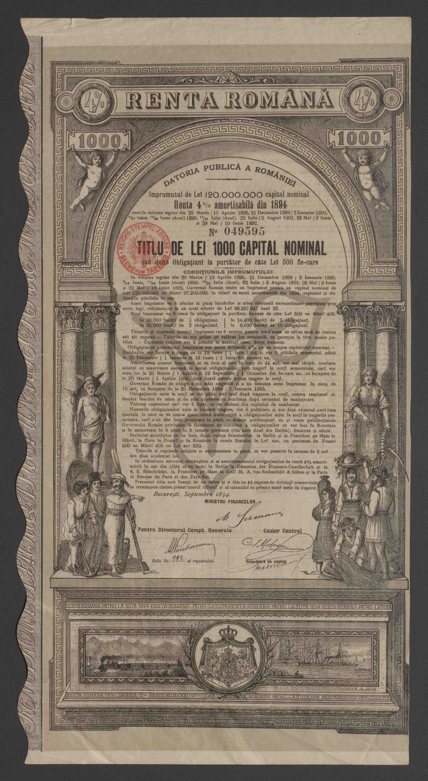 Anleihe von Francs 120.000.000 = Mark D. R.-W. 97.200.000 Nominal-Capital in Obligationen der 4% Amortisirbaren Rente von 1890; No. 049595