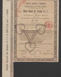Anleihe im Nennbetrag von 150.000.000 Francs = 121.500.000 Mark = 150.000.000 Lei Gold in 4 1/2 %igen Schatzscheinen, innerhalb drei Jahren, spätestens am 1. Februar n. St. 1916, al pari rückzahlbar. Zwei 4 1/2 % Schatzscheine auf den Inhaber über je 500 Francs; No. 027299