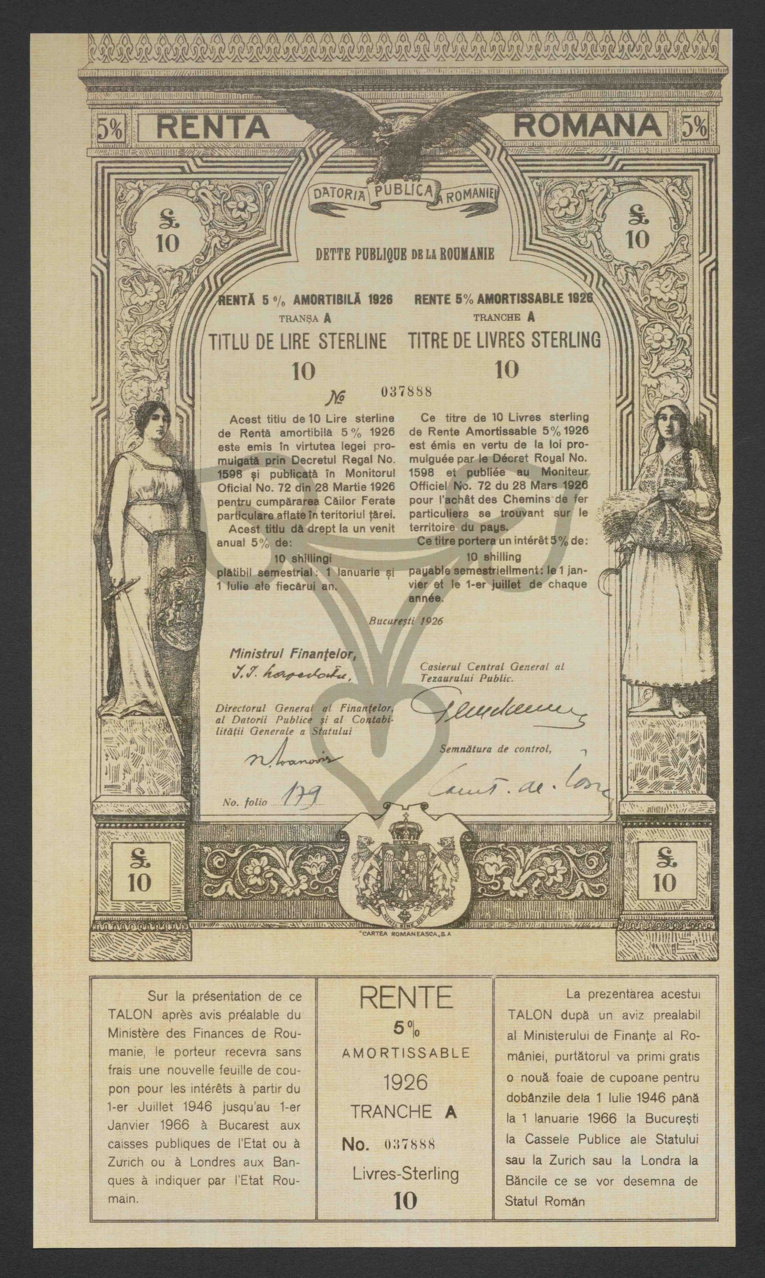 Rente 5 % amortissable 1926. Tranche A, Titre de Livres Sterling 10, No. 037888