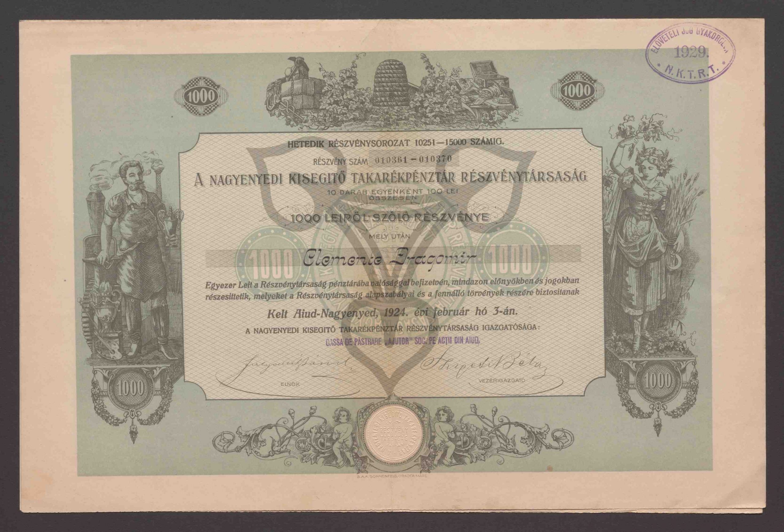 10 Stück zu je 100 Lei insgesamt. 1000 Lei Aktien. Aktiennummer 010361-010370