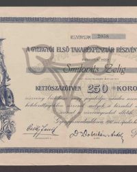 Aktie. Zweihundertfünfzig Kronen. Aktiennummer 2058