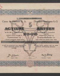 Aktien einzeln mit 500 Lei Nominalwert insgesamt volleingezahltes Kapital von Zweitausendfünfhundert Lei. Nr. 9156 - 9160