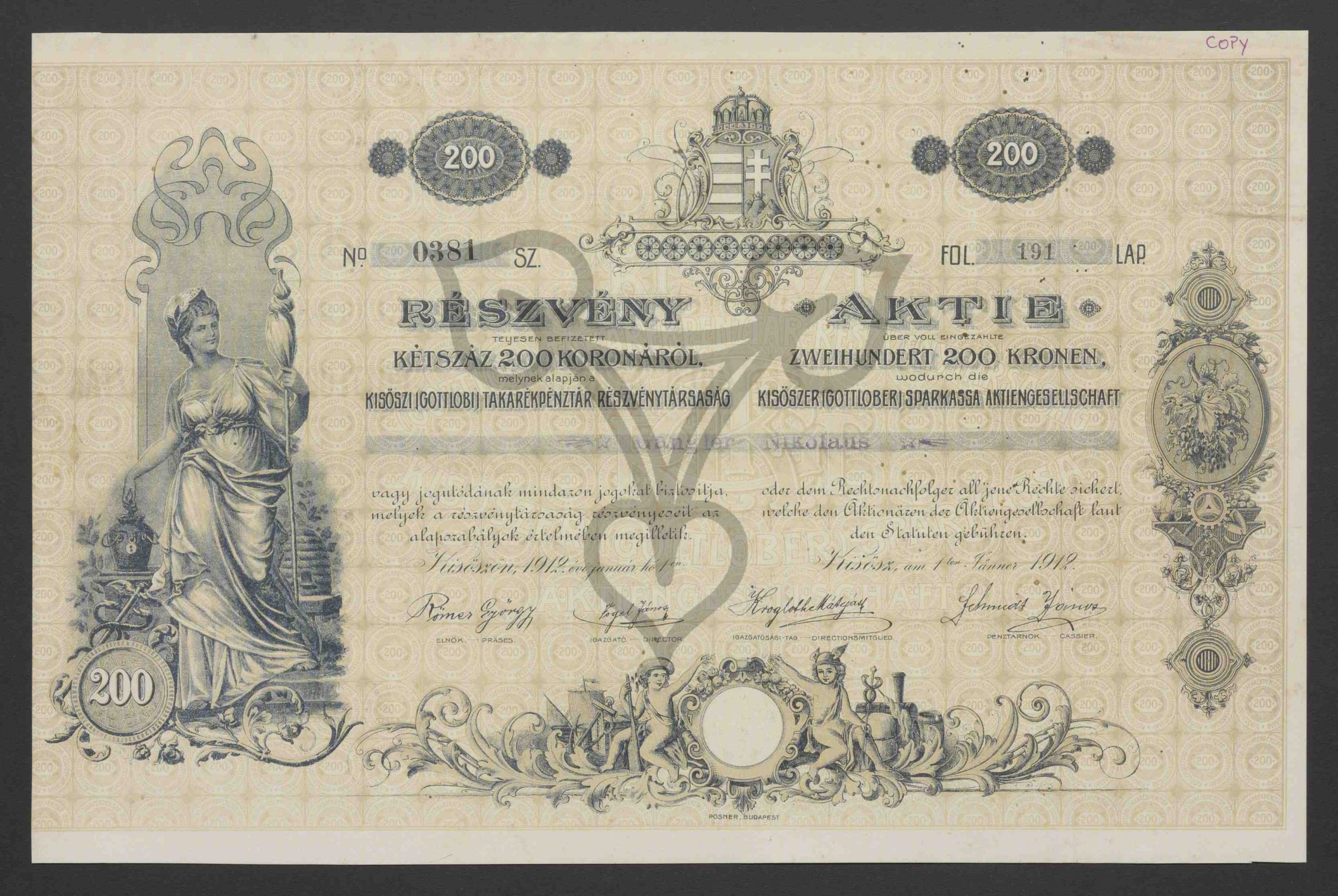 Aktie über volleingezahlte Zweihundert 200 Kronen. No. 0381, Fol. 191