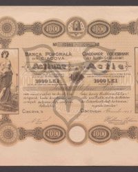 Aktie zusammengezogen von 5 Stück á 200 Lei im Werte über volleingezahlte 1000 Lei. No. 07981 - 07985