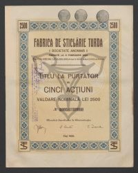 Titel über fünf Inhaberaktien im Nennwert von Zweitausendfünfhundert Lei. No. 10056 - 10060