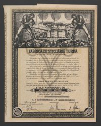 Titel über Zwanzig Aktien im Nennwert von Zweitausendfünfhundert Lei, also zusammen 125.000 Lei. Ausgabe V. Von No. 197051 bis No. 197100