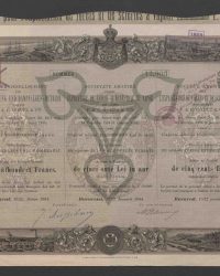 Capital 10.000.000 Francs. Erste Emission von 8.000.000 Francs Voll Eingezahlt. Aktie auf den Inhaber lautend von fünfhundert Francs. Nummer 12.903