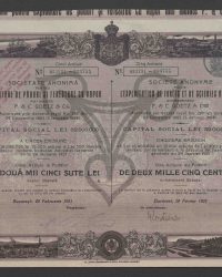 Cinq Actions au Porteur de Deux Mille Cinq Cents Lei. Cinquieme Emission. No 033731 - 033735