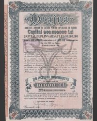 Kapital 900.000.000 Lei, voll eingezahltes Kapital 450.000.000 Lei, davon 448.500.000 Lei in Stammaktien und 1.500.000 Lei in Vorzugsaktien zu je 500 Lei. Emission VII. Nr. 0349661 – 0349680