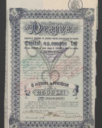 Kapital 45.000.000 Lei, davon 43.500.000 in Stammaktien und 1.500.000 in Vorzugsaktien zu je 500 Lei. Nr. 35551 - 35555