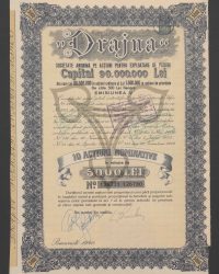 Kapital 90.000.000 Lei, davon 88.500.000 Lei in Stammaktien und 1.500.000 Lei in Vorzugsaktien zu je 500 Lei. Emission V. Nr. 126771 - 126780