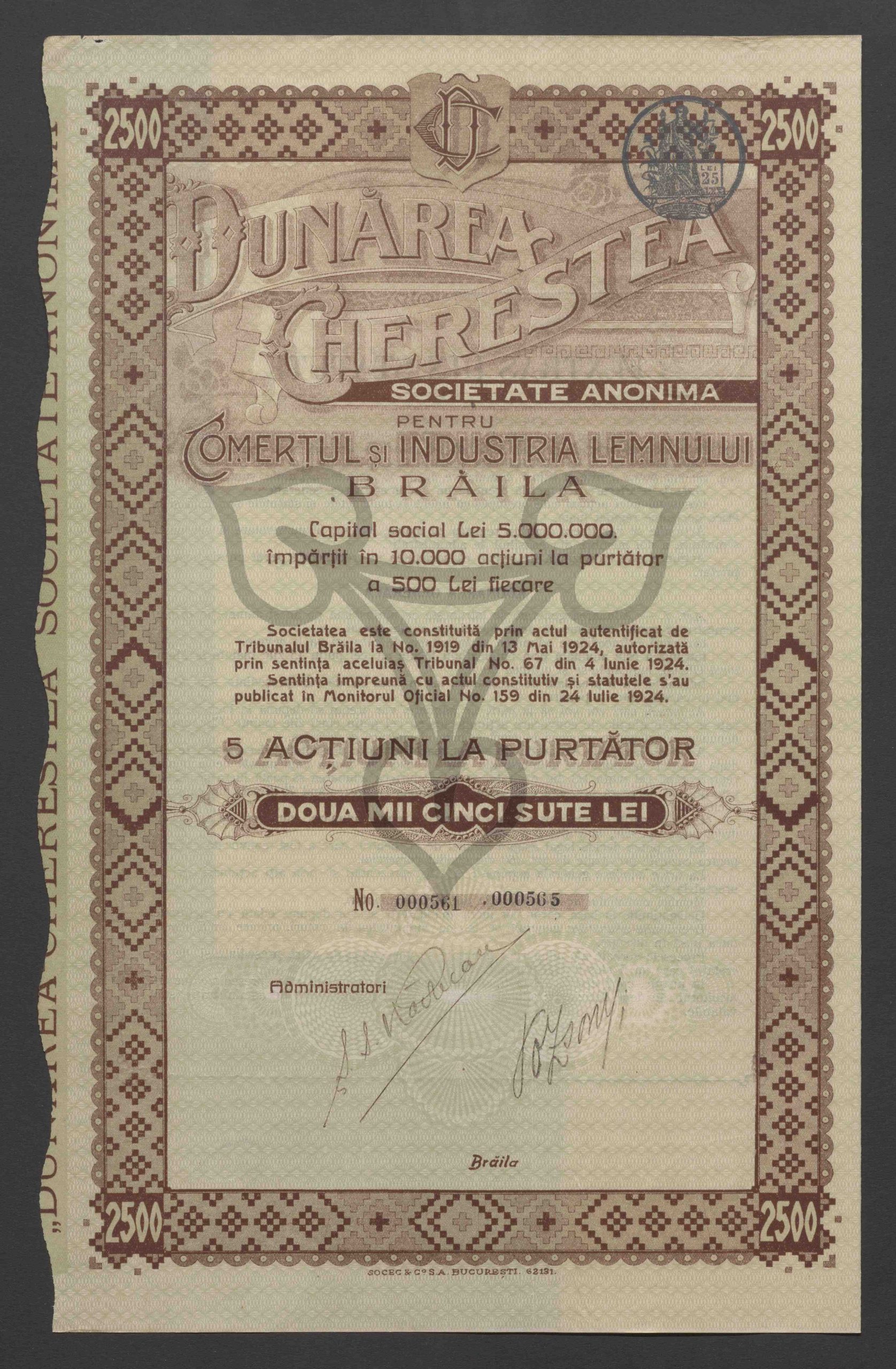 Gesellschaftskapital 5.000.000 Lei, aufgeteilt in 10.000 Inhaberaktien zu je 500 Lei. 5 Inhaberaktien Zweitausendfünfhundert Lei. No. 000561 - 000565