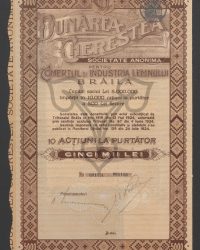 Gesellschaftskapital 5.000.000 Lei, aufgeteilt in 10.000 Inhaberaktien zu je 500 Lei. 10 Inhaberaktien zu je 5.000 Lei. Nr.  001151 - 001160