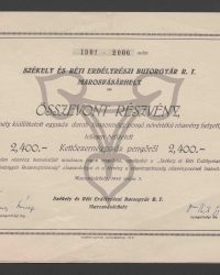 Zusammengefasste Aktie, die anstelle von einhundert Aktien mit einem Nennwert von vierundzwanzig Pengő ausgestellt wurde, vollständig eingezahlt mit zweitausendvierhundert Pengő. 1901 - 2000 Stück