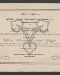 Zusammengefasste Aktie, die anstelle von einhundert Aktien mit einem Nennwert von vierundzwanzig Pengő ausgestellt wurde, vollständig eingezahlt mit zweitausendvierhundert Pengő. 1901 - 2000 Stück