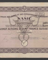 Capital Social: 25 Millions de Francs Suisses, Divisé en Actions de Frs. 100, Capital Émis: 22 Millions 280 Mille Francs Suisses Entièrement Versés. Vingt Actions de Cent Francs Suisses au Porteur.  Nos.  215321 - 215340