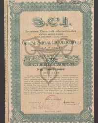 Gesellschaftskapital 100.000.000 Lei voll eingezahlt Aufgeteilt in 10.000 Namensaktien zu je 10.000 Lei. Titel von zehn Namensaktien zu hunderttausend Lei. Nr. 09891 - 09900, Ausgabe III P.