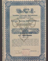 Gesellschaftskapital 60.000.000 Lei Voll eingezahlt Aufgeteilt in 6.000 Namensaktien zu je 10.000 Lei. Titel von zehn Namensaktien zu je 100.000 Lei. Nr. 01531 - 01540, Ausgabe II