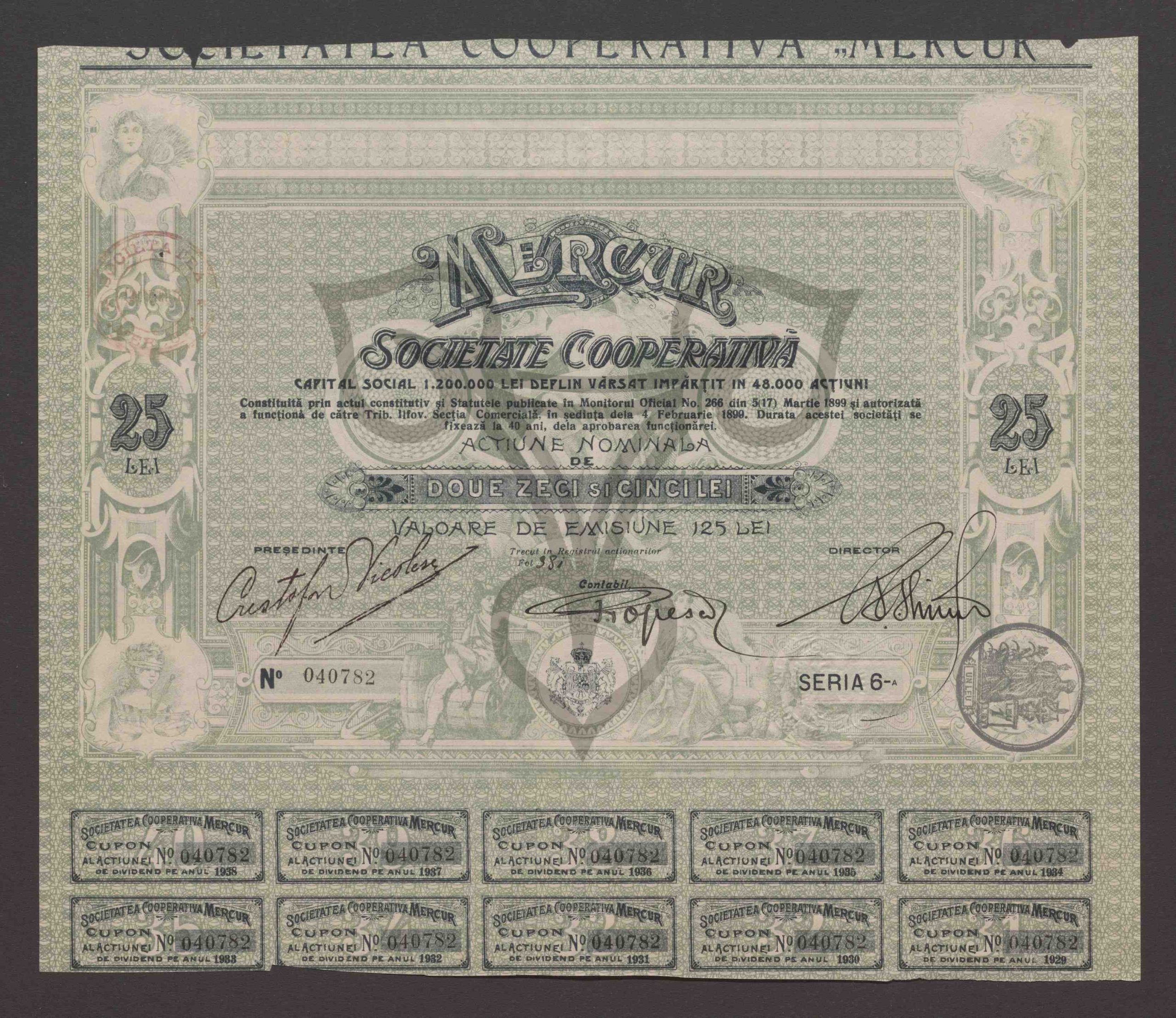 Gesellschaftskapital 1.200.000 Lei, vollständig eingezahlt, aufgeteilt in 48.000 Aktien. Nennwert der Aktie: Fünfundzwanzig Lei. Emissionswert: 125 Lei. Nr. 040782, 6. Serie