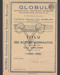Grundkapital 30.000.000 Lei, vollständig eingezahlt, aufgeteilt in 60.000 Namensaktien zu je 500 Lei. Titel von 200 Namensaktien zu je 500 Lei, 100.000 Lei (einhunderttausend Lei). Nr. 32201 - 32400