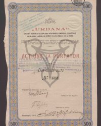 Gesellschaftskapital 1.000.000 Lei, aufgeteilt in 2.000 Aktien zu je 500 Lei. Inhaberaktie fünfhundert Lei. Nr. 0995