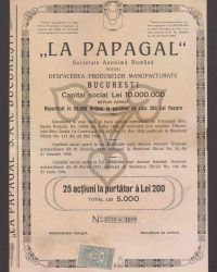 Gesellschaftskapital 10.000.000 Lei, vollständig eingezahlt, aufgeteilt in 50.000 Inhaberaktien zu je 200 Lei. 25 Inhaberaktien à 200 Lei, insgesamt 5.000 Lei. Nr. 1876 – 1900