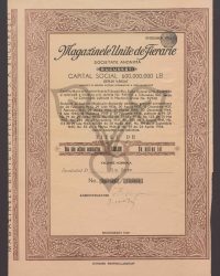 Gesellschaftskapital 600.000.000 Lei Voll eingezahlt, aufgeteilt in 600.000 Namensaktien zu je 1.000 Lei. Titel: Eintausend Namensaktien, eine Million Lei. Ausgabe VIII. Nr. 492001 - 493000