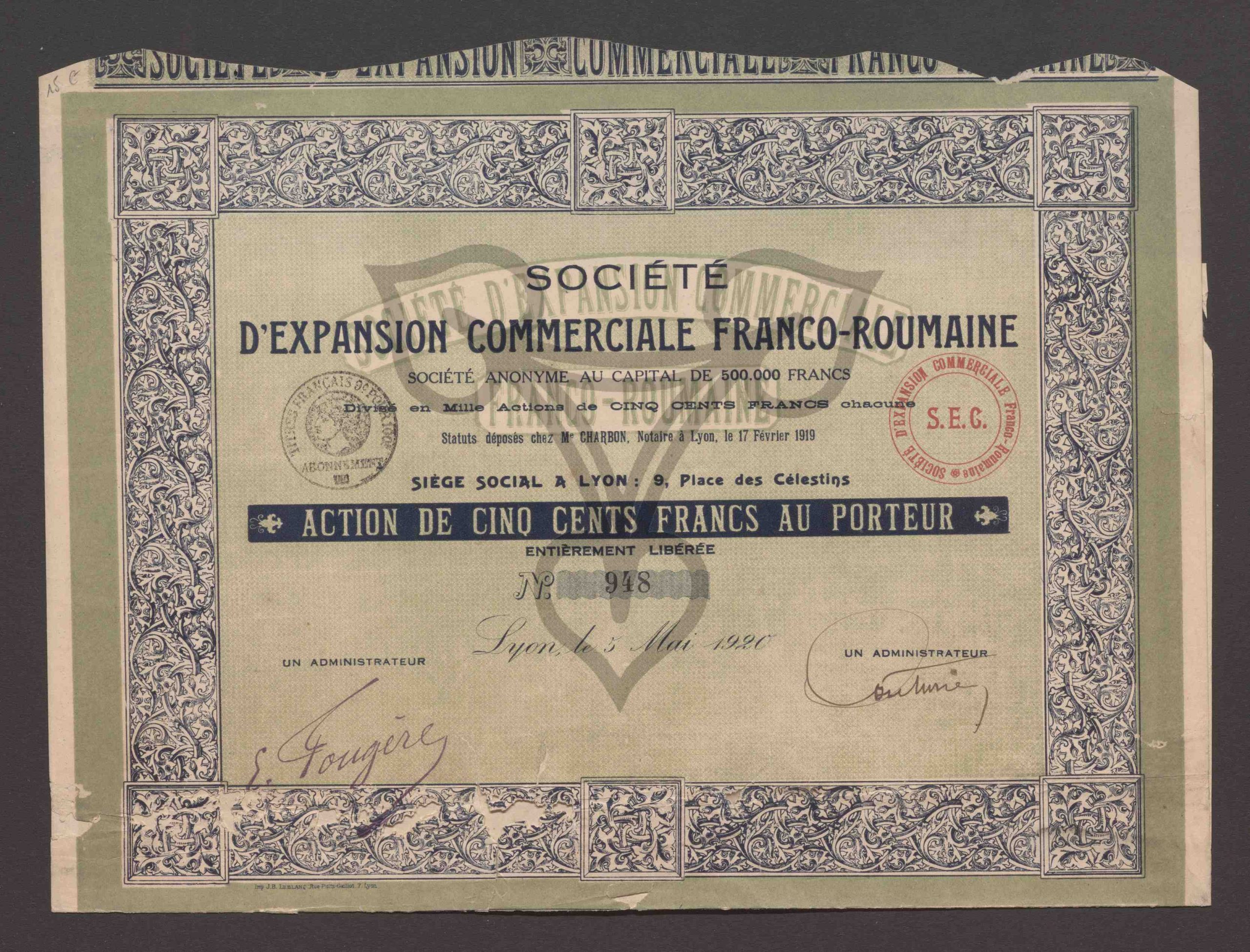 Société Anonyme au Capital de 500.000 Francs Divisé en Mille Actions de Cinq Cents Francs chacune. Action de Cinq Cents Francs au Porteur, Entièrement Libérée. No. 948